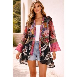Sterling Styles Artsilk Women Floral Kimono  Mixed Print Lace Trim One Size